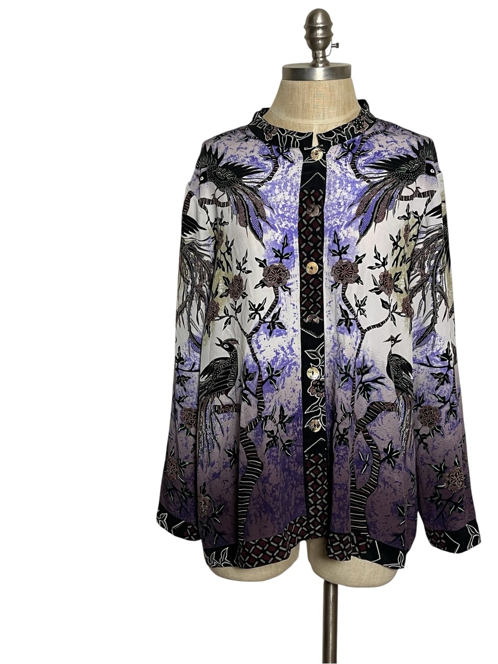 Citron Santa Monica 100% Silk Bird Floral Button Front Tunic Blouse 3X - Picture 2 of 11